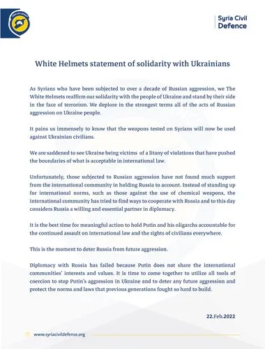 White Helmets statement of solidarity with Ukrainians