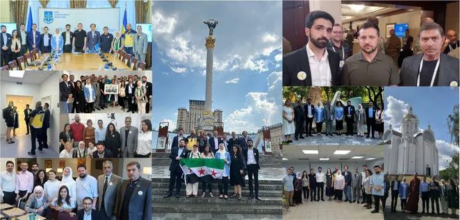 أعضاء من المجتمع المدني السوري يلتقون مع مسؤولين رفيعي المستوى، بما في ذلك الرئيس فولوديمير زيلينسكي، وفاعلين مفتاحيين أوكرانيين، في كييف، لإحياء الذكرى العاشرة لمجزرة الأسلحة الكيميائية في سوريا
